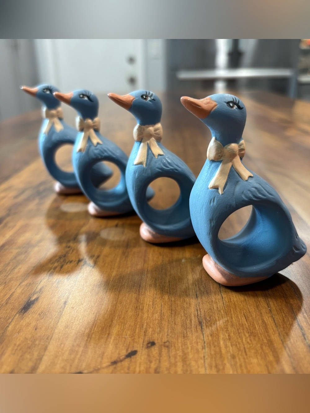 Cottagecore Hand Painted Ceramic Geese with bows Blue Napkin Rings - Set of 4